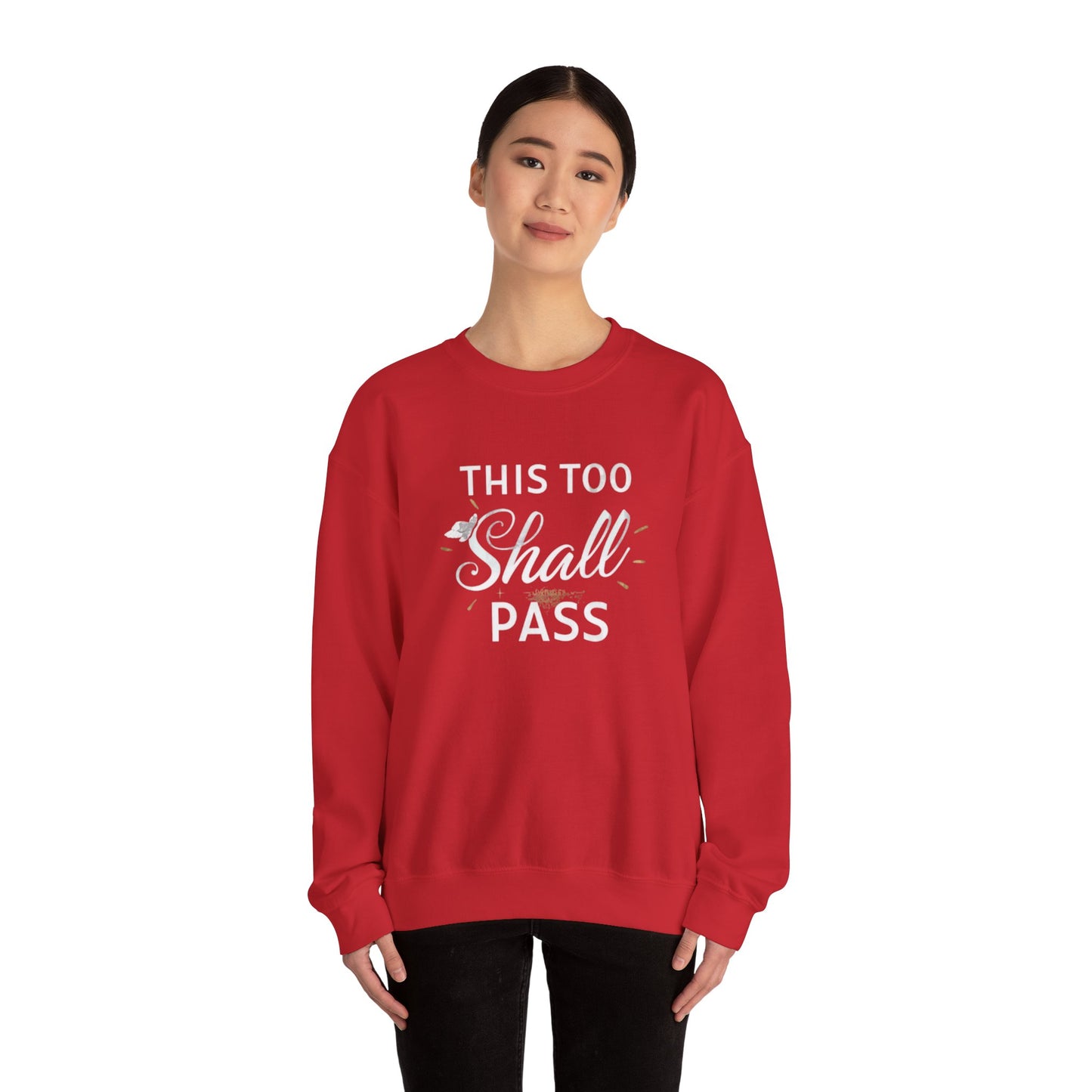 This Too Shall Pass embroidered crewneck sweatshirt, calming script, black