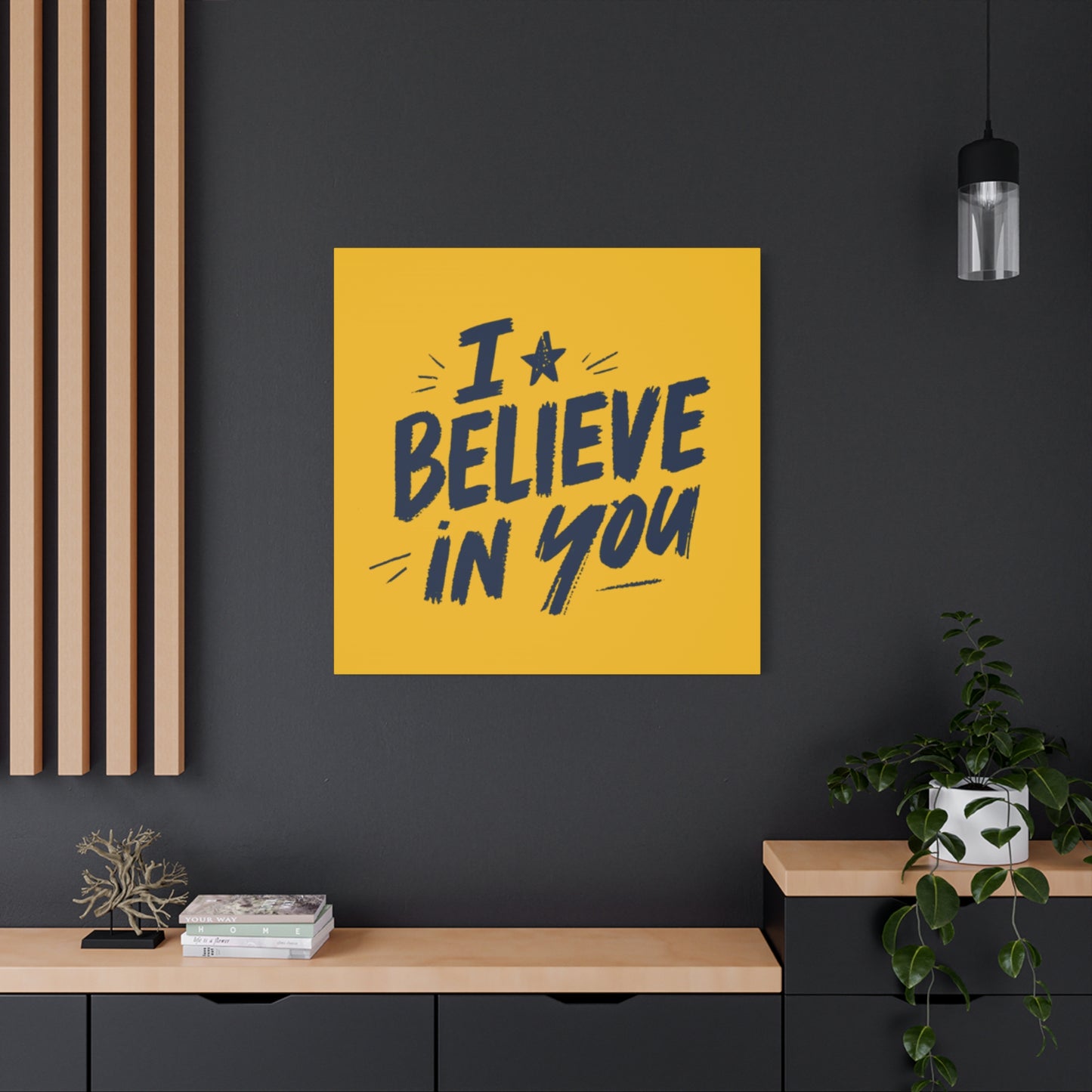 I Believe In You Canvas | Matte Stretched Wall Art, Navy Brush Lettering on Gold