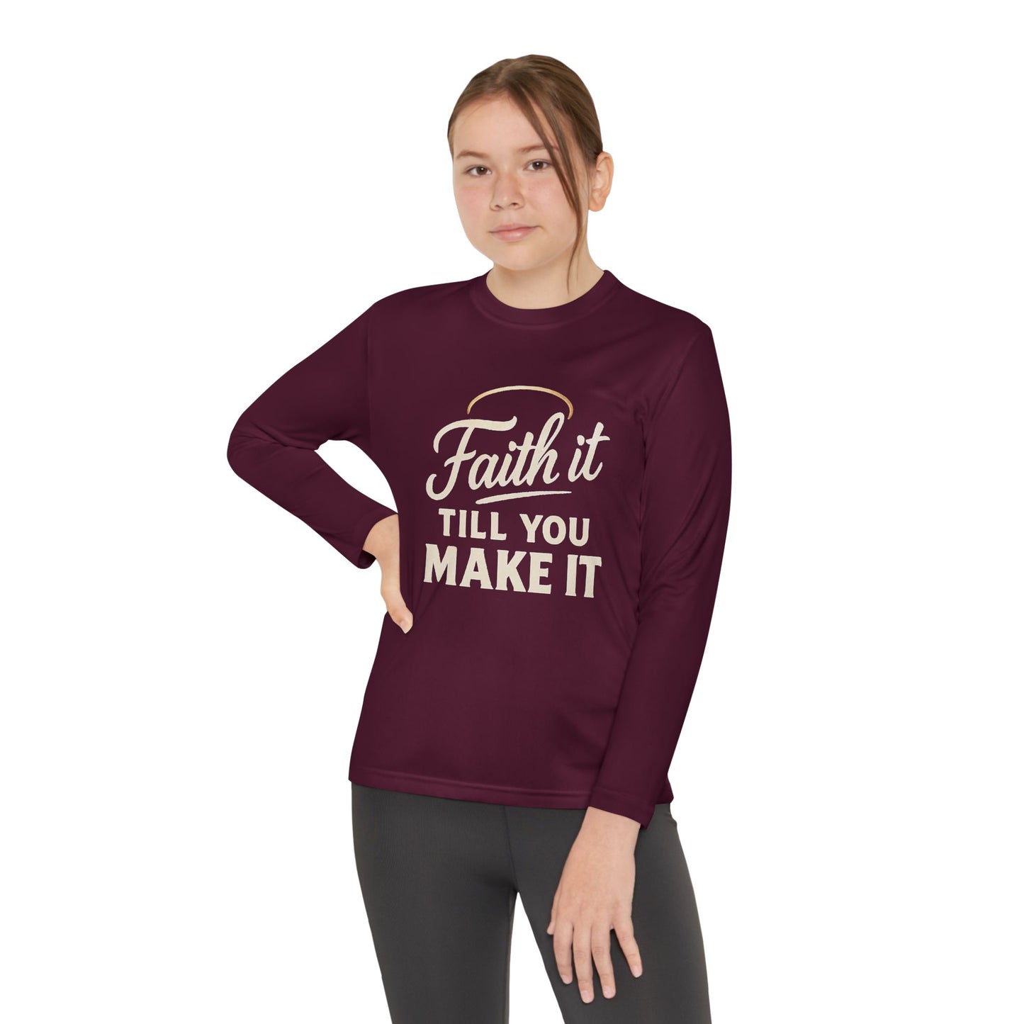Youth Long Sleeve Faith It Tee, Motivational Shirt, Inspirational Apparel, Kids Workout Top, Long Sleeve Sports Tee, Gift for Young Dreamers