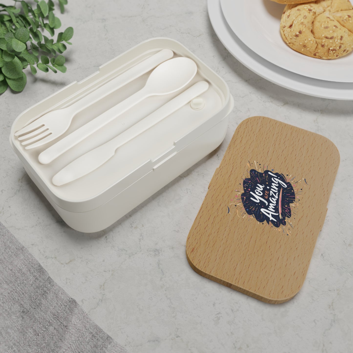 Hand-Lettered Beechwood Bento Lunch Box | Microwave-Safe Silicone, Dividers