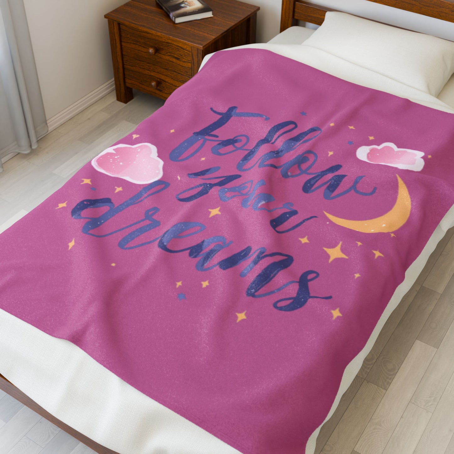 Follow Your Dreams Velveteen Plush Blanket | Moon Cloud Stars