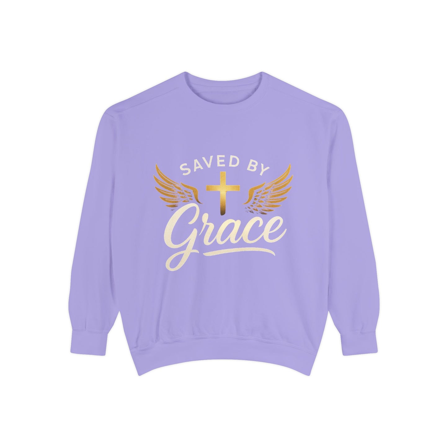 Saved by Grace Unisex Garment-Dyed Sweatshirt, Christian Sweatshirt, Faith Apparel, Inspirational Gift, Cozy Crewneck, Religious Clothing