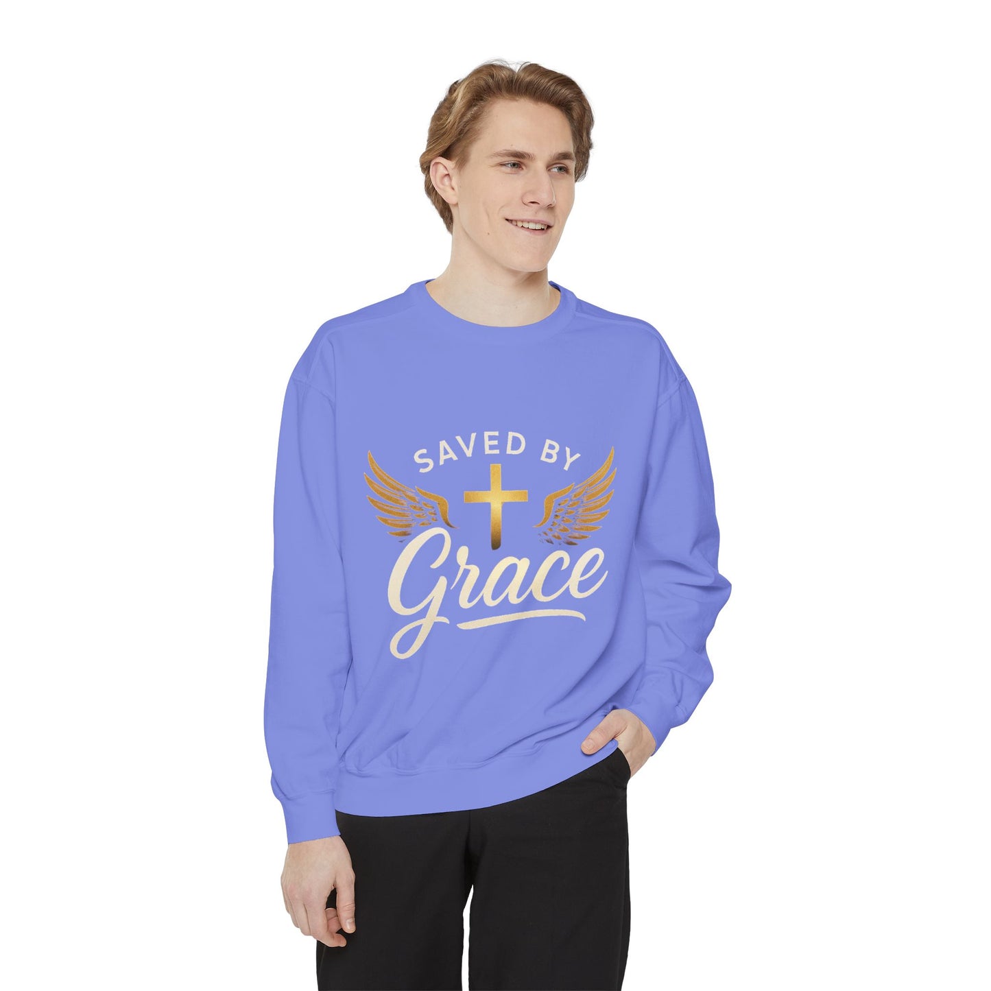 Saved by Grace Unisex Garment-Dyed Sweatshirt, Christian Sweatshirt, Faith Apparel, Inspirational Gift, Cozy Crewneck, Religious Clothing