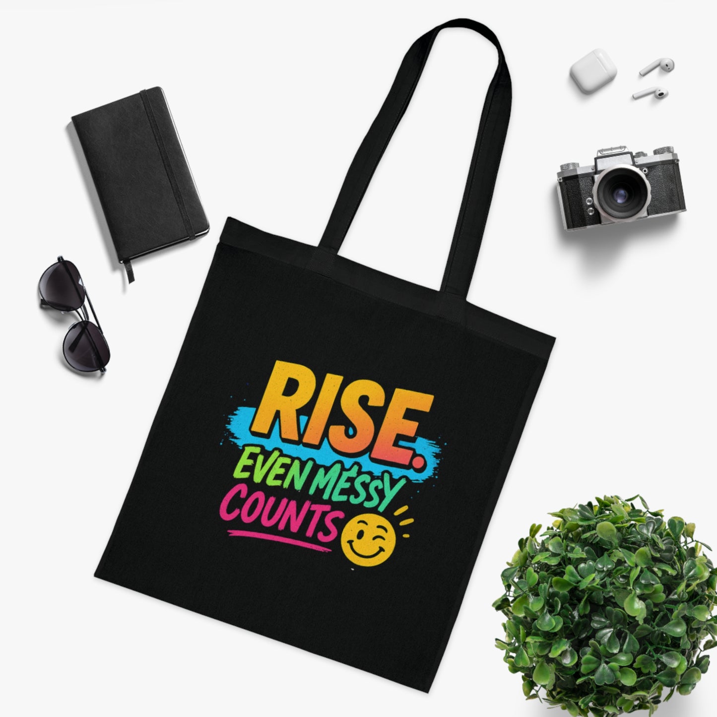 Motivational Cotton Tote: RISE. Even Messy Counts - Eco-Friendly Shopping Bag, Gift for Students, Gym Tote, Daily Use Bag, Beach Bag.