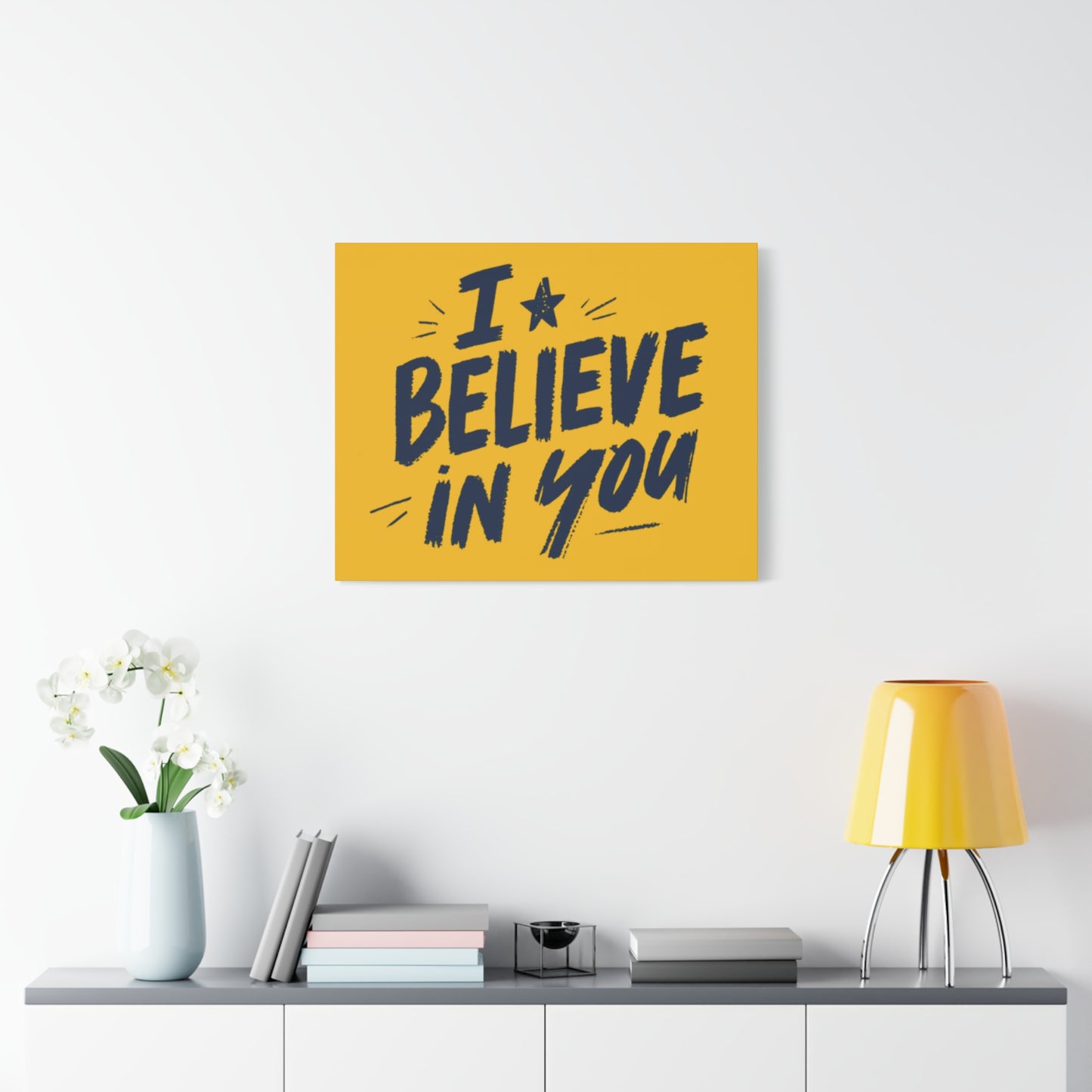 I Believe In You Canvas | Matte Stretched Wall Art, Navy Brush Lettering on Gold