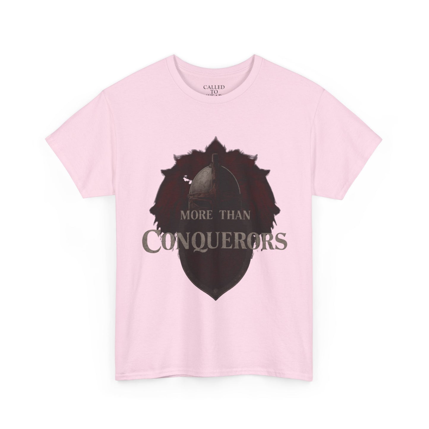 More Than Conquerors Tee | Shield Silhouette Christian faith typography