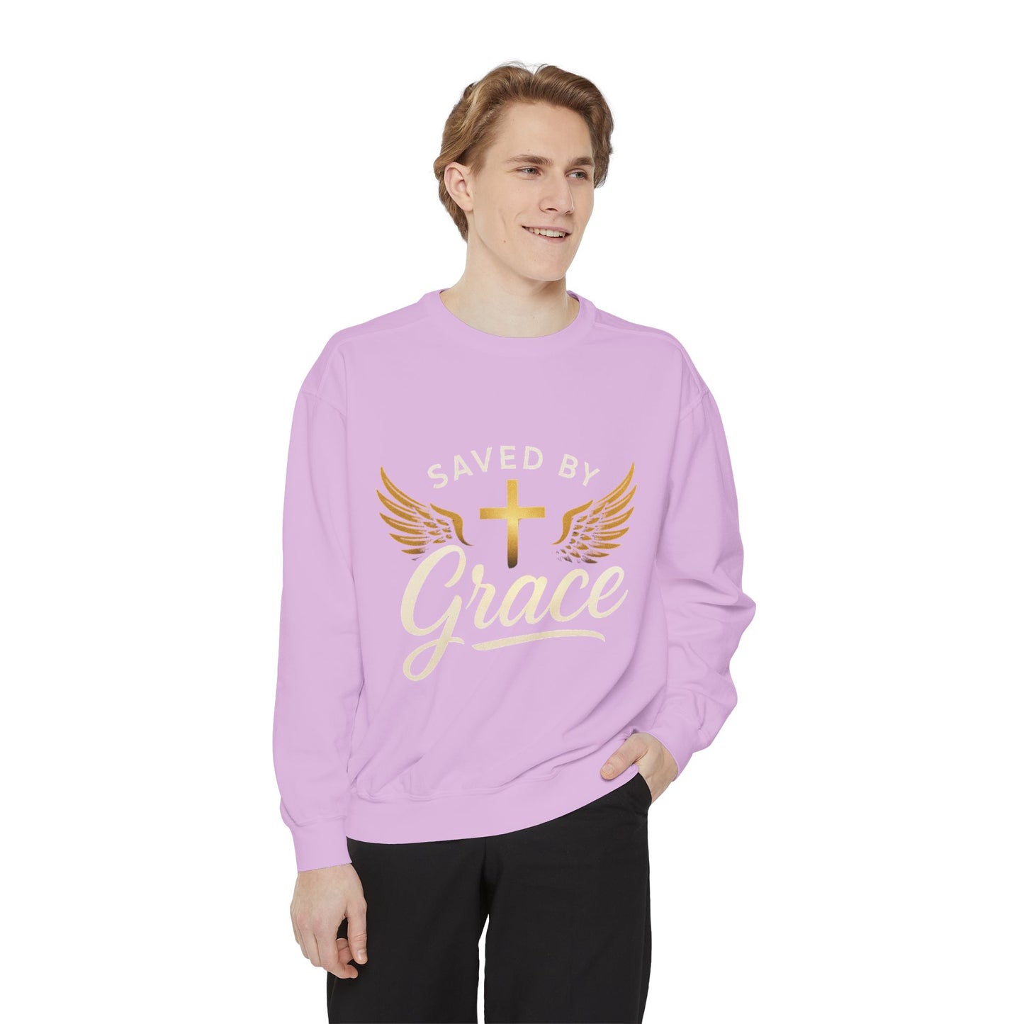 Saved by Grace Unisex Garment-Dyed Sweatshirt, Christian Sweatshirt, Faith Apparel, Inspirational Gift, Cozy Crewneck, Religious Clothing