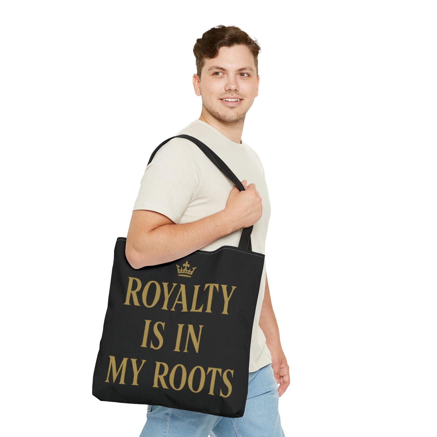 Royalty Is in My Roots Tote Bag - Stylish Eco-Friendly Carryall, Perfect Gift for Her, Black Gold Design, Daily Use, Travel Bag
