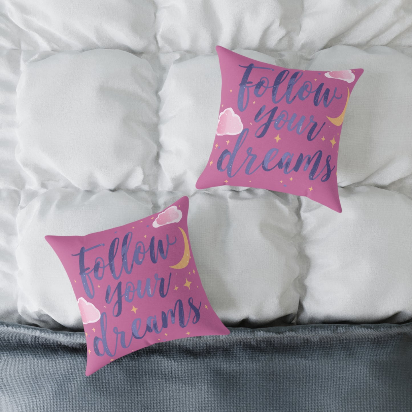 Follow Your Dreams script lettering Square Pillow | pink moon clouds stars