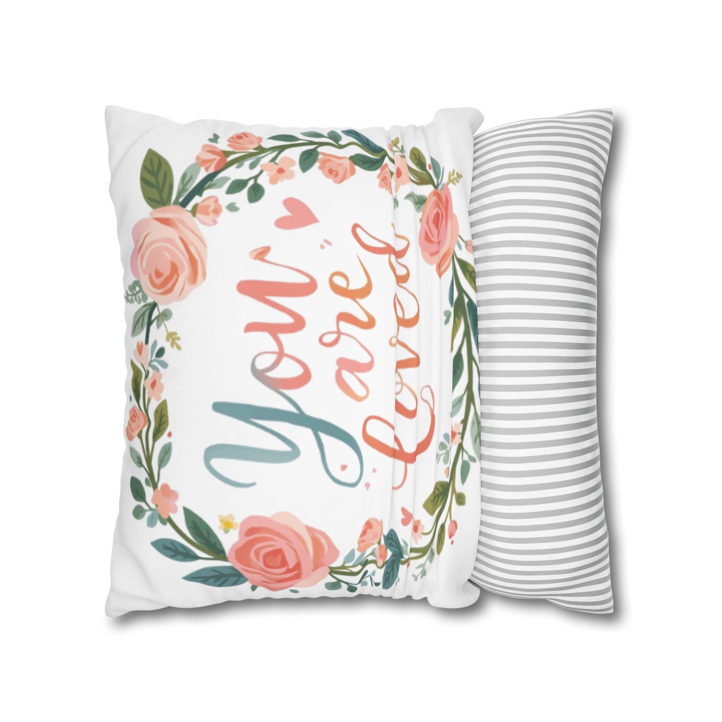 You Are Loved Floral Wreath Pillowcase | Square Poly Canvas Pillowcase