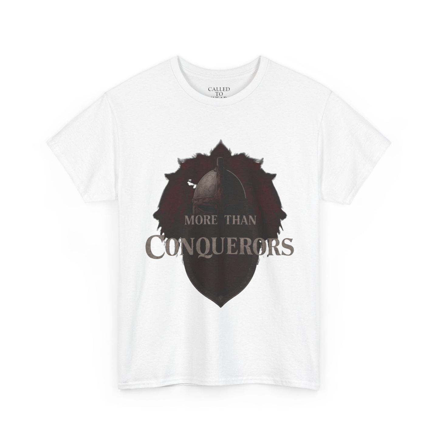 More Than Conquerors Tee | Shield Silhouette Christian faith typography