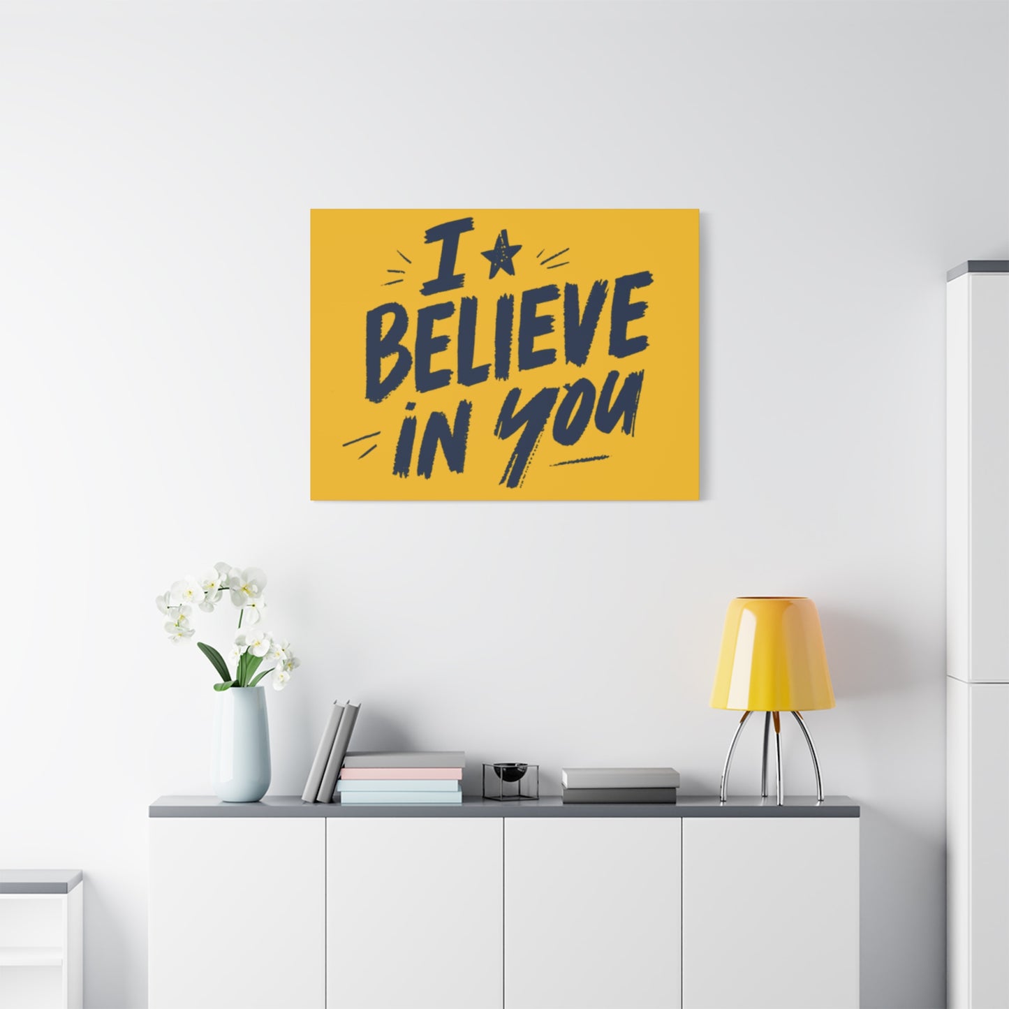 I Believe In You Canvas | Matte Stretched Wall Art, Navy Brush Lettering on Gold
