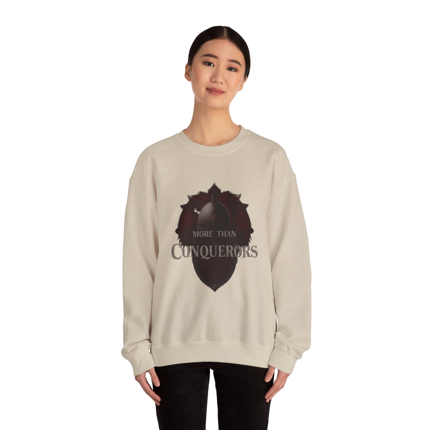 More Than Conquerors Shield Crewneck Sweatshirt | Christian Faith Scripture