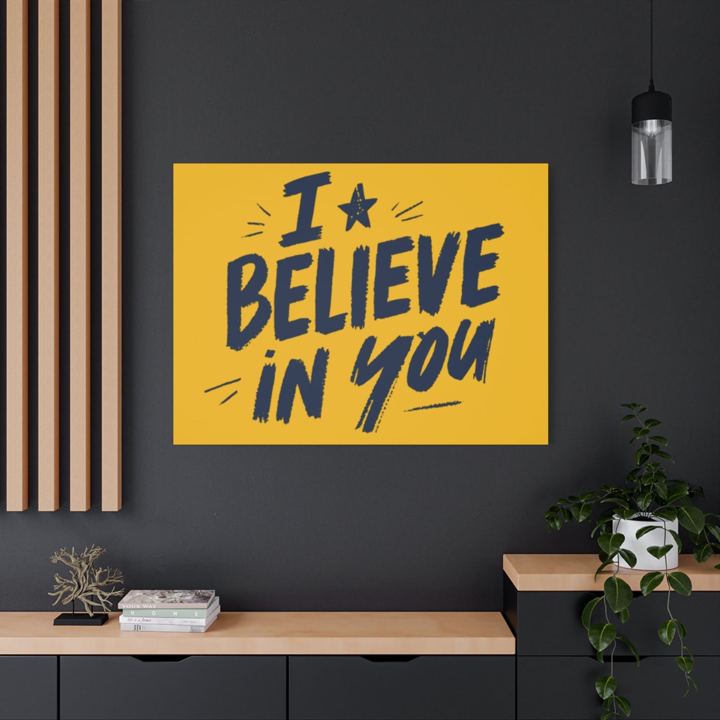 I Believe In You Canvas | Matte Stretched Wall Art, Navy Brush Lettering on Gold