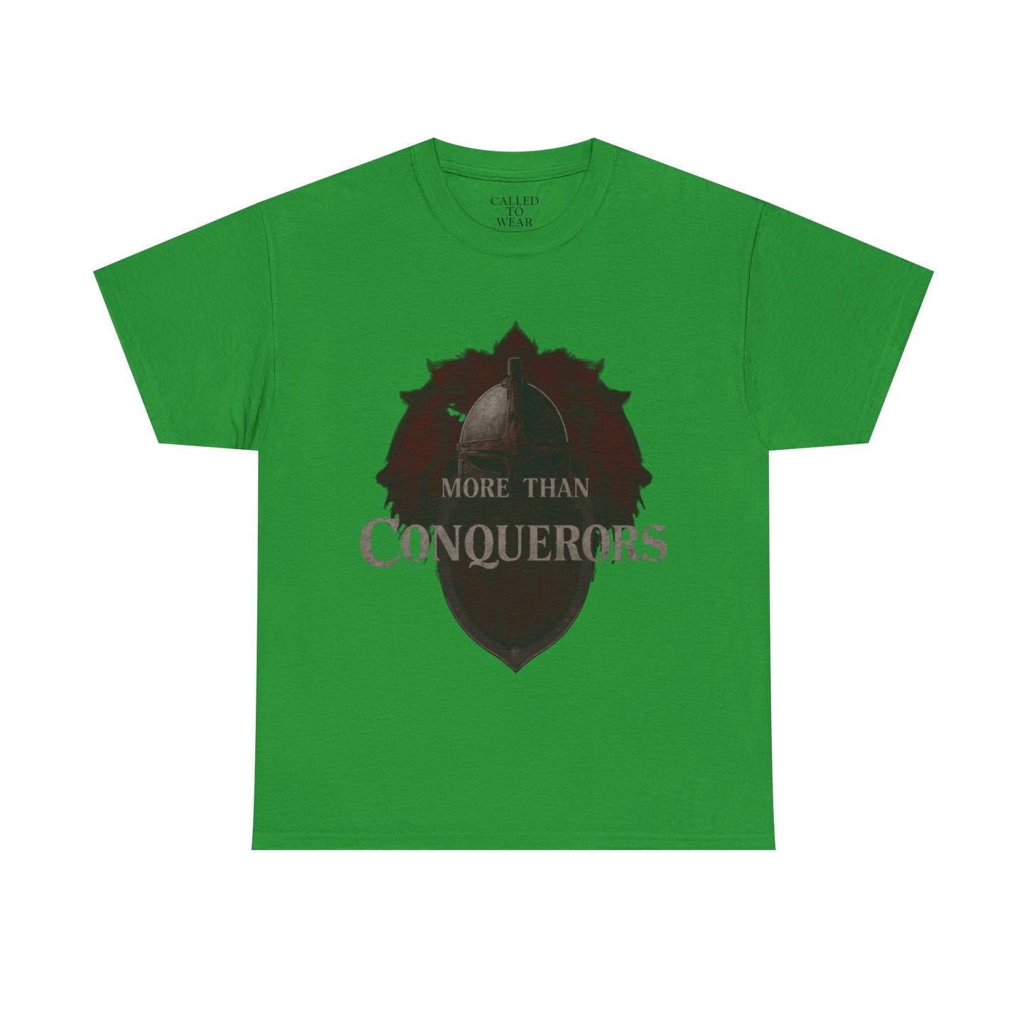 More Than Conquerors Tee | Shield Silhouette Christian faith typography