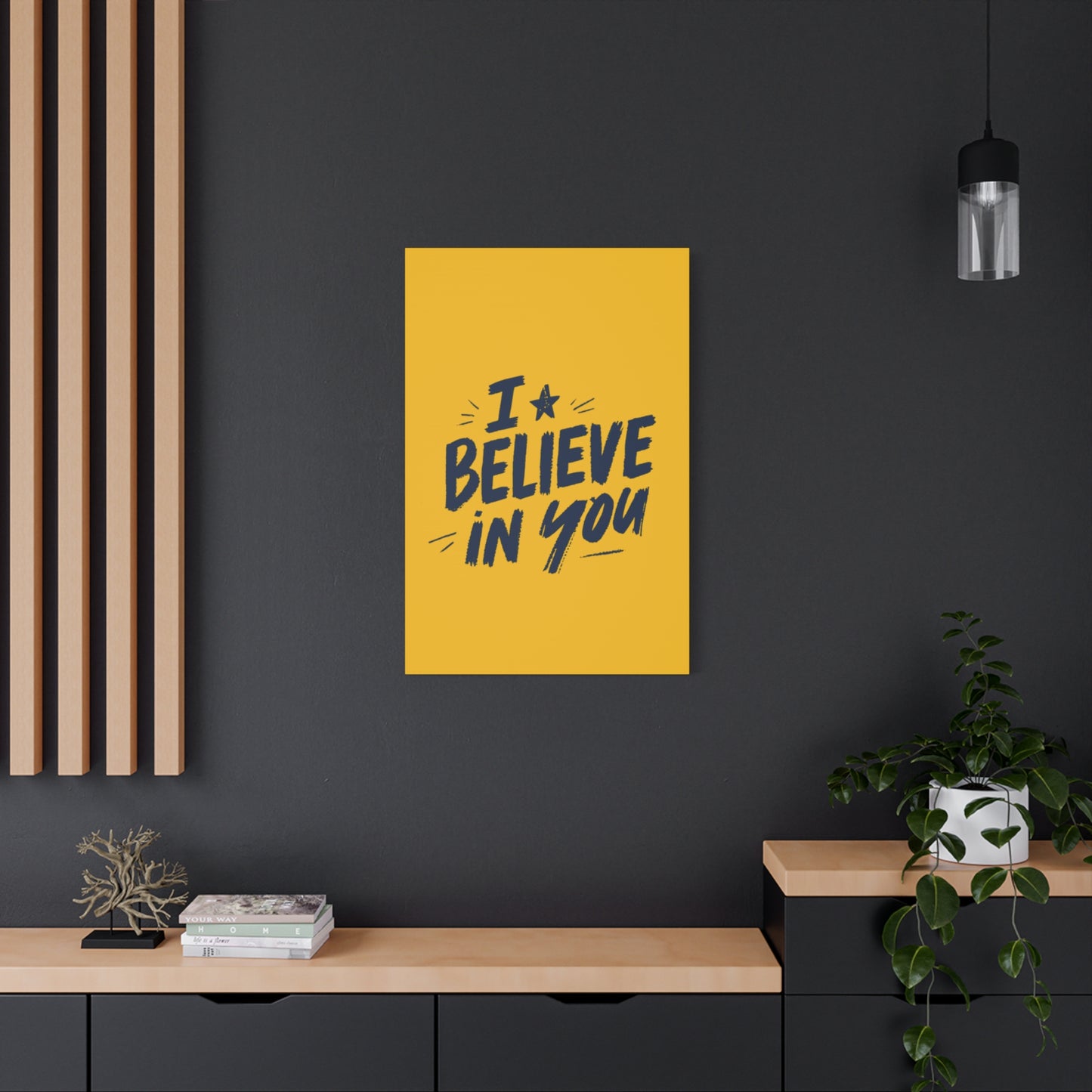 I Believe In You Canvas | Matte Stretched Wall Art, Navy Brush Lettering on Gold