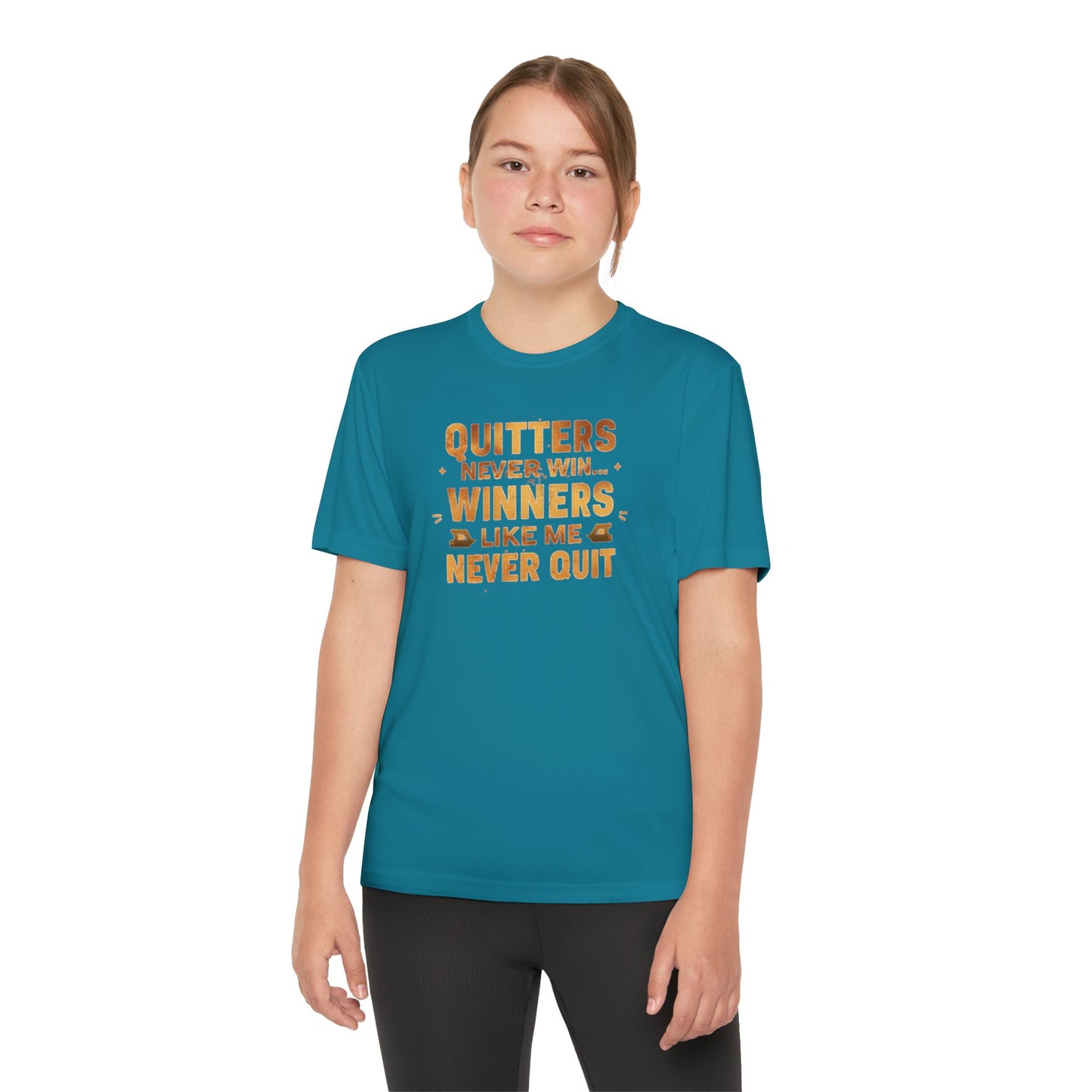 Quitters Never Win Winners Like Me Never Quit T-Shirt | Youth Competition Tee