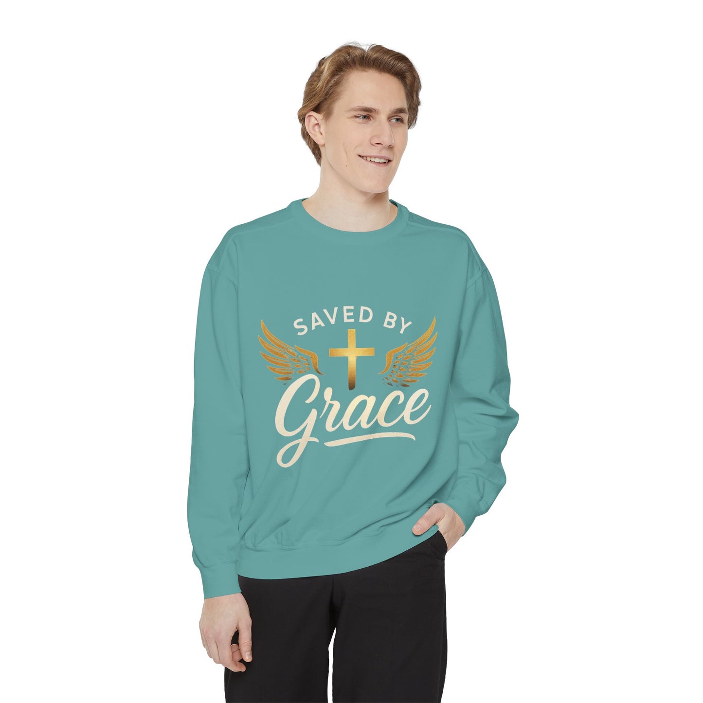 Saved by Grace Unisex Garment-Dyed Sweatshirt, Christian Sweatshirt, Faith Apparel, Inspirational Gift, Cozy Crewneck, Religious Clothing