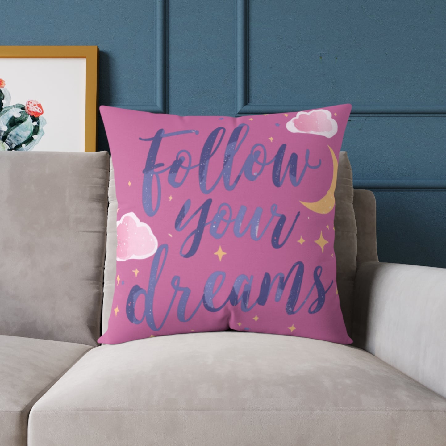 Follow Your Dreams script lettering Square Pillow | pink moon clouds stars