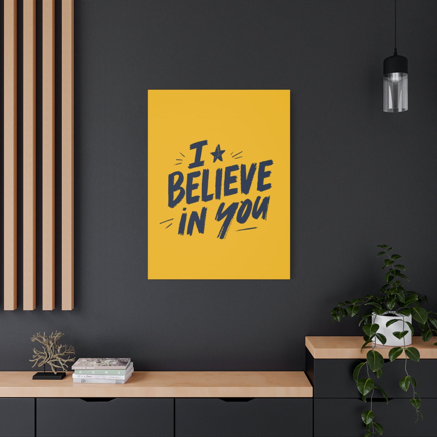 I Believe In You Canvas | Matte Stretched Wall Art, Navy Brush Lettering on Gold