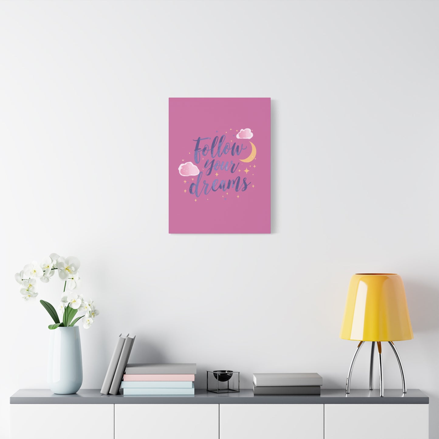 Follow Your Dreams Matte Canvas | Inspirational Wall Art, Pink Moon Clouds