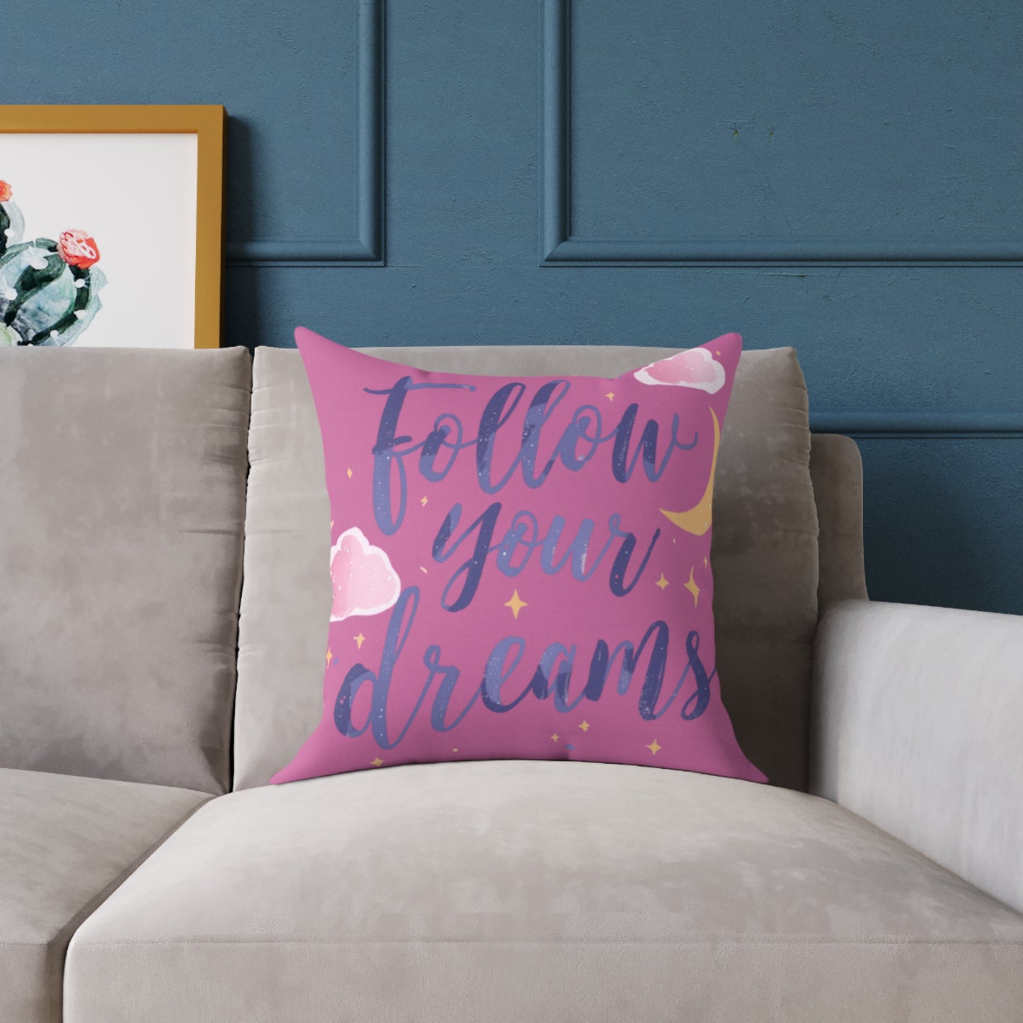 Follow Your Dreams script lettering Square Pillow | pink moon clouds stars