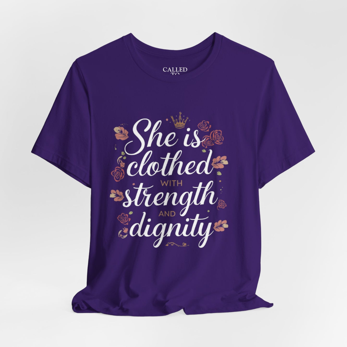 She is clothed with strength and dignity T-Shirt | Floral Crown Scripture Tee
