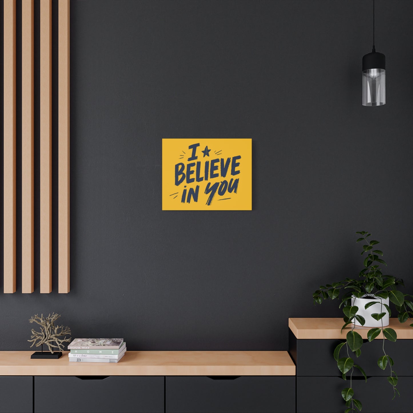 I Believe In You Canvas | Matte Stretched Wall Art, Navy Brush Lettering on Gold