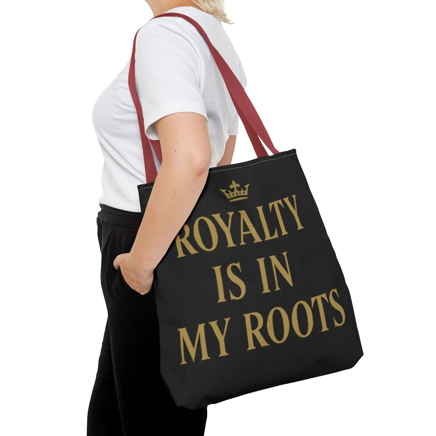 Royalty Is in My Roots Tote Bag - Stylish Eco-Friendly Carryall, Perfect Gift for Her, Black Gold Design, Daily Use, Travel Bag