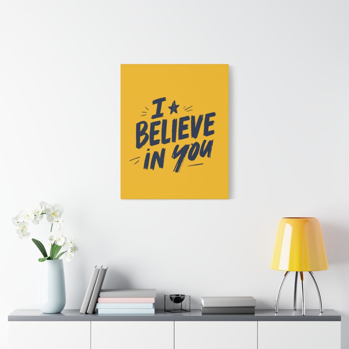 I Believe In You Canvas | Matte Stretched Wall Art, Navy Brush Lettering on Gold