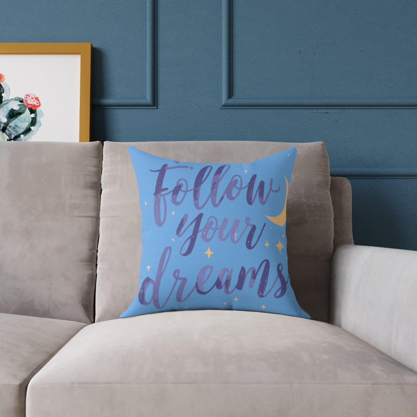 Follow Your Dreams pillow | Square poly canvas pillow, moon stars night design