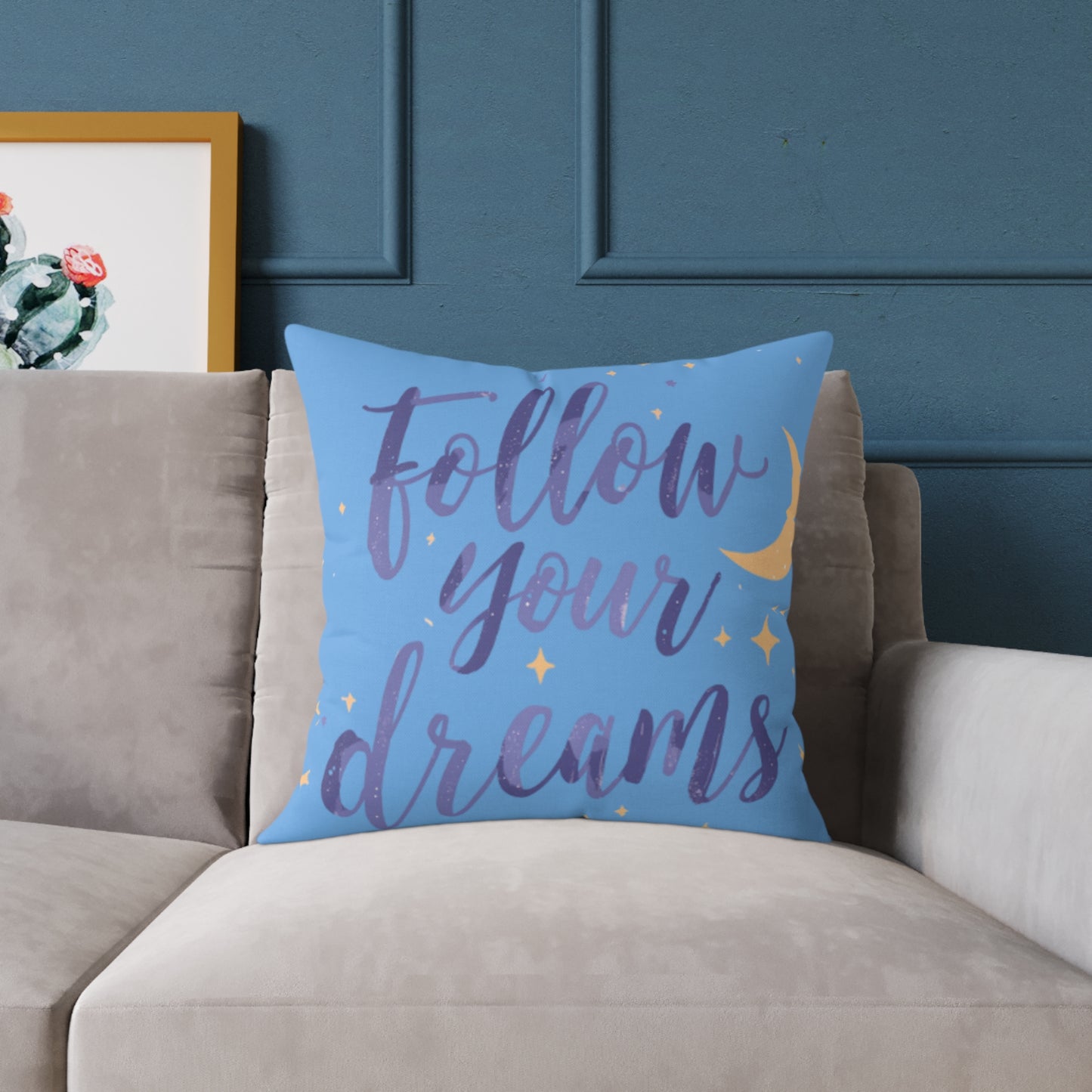 Follow Your Dreams pillow | Square poly canvas pillow, moon stars night design