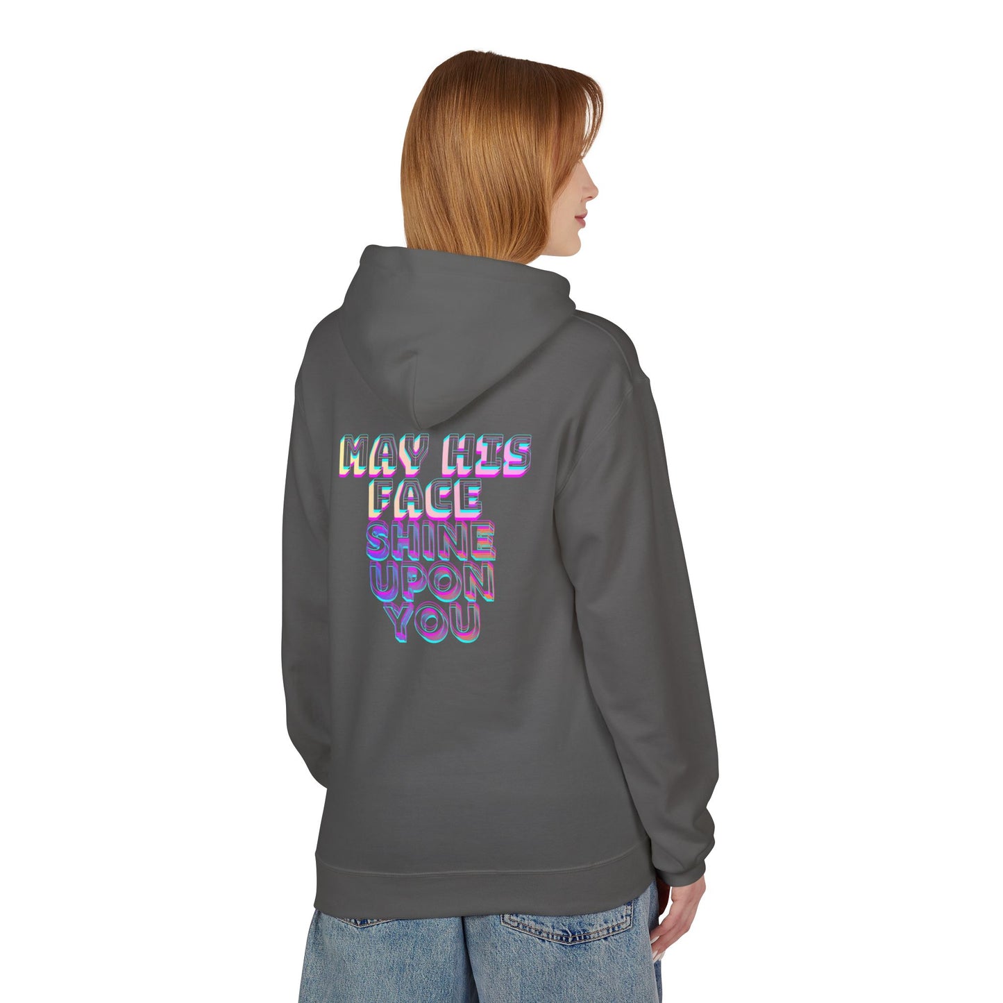 May His Face Shine Upon You Hoodie | Iridescent Lettering, Devotional Back Design