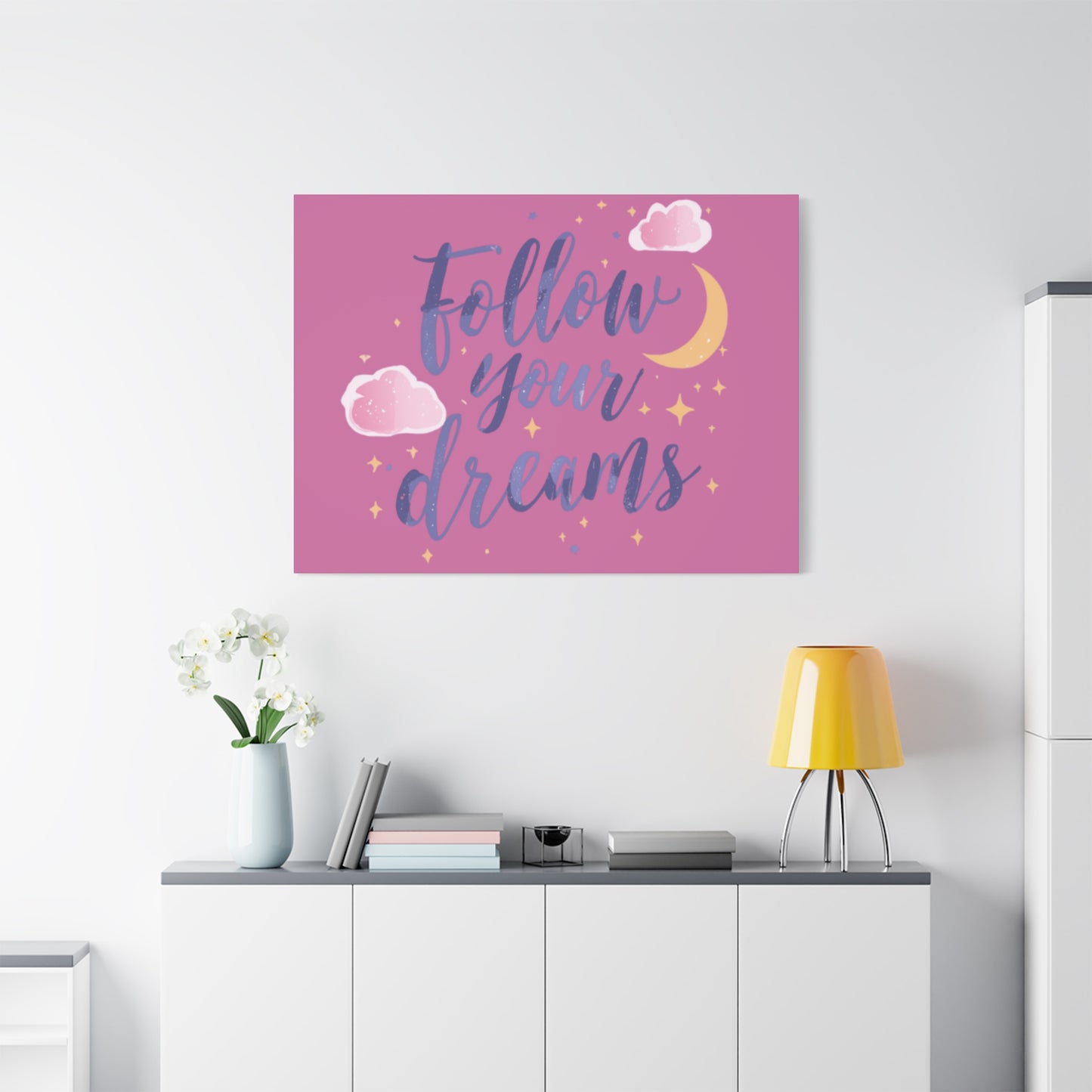 Follow Your Dreams Matte Canvas | Inspirational Wall Art, Pink Moon Clouds