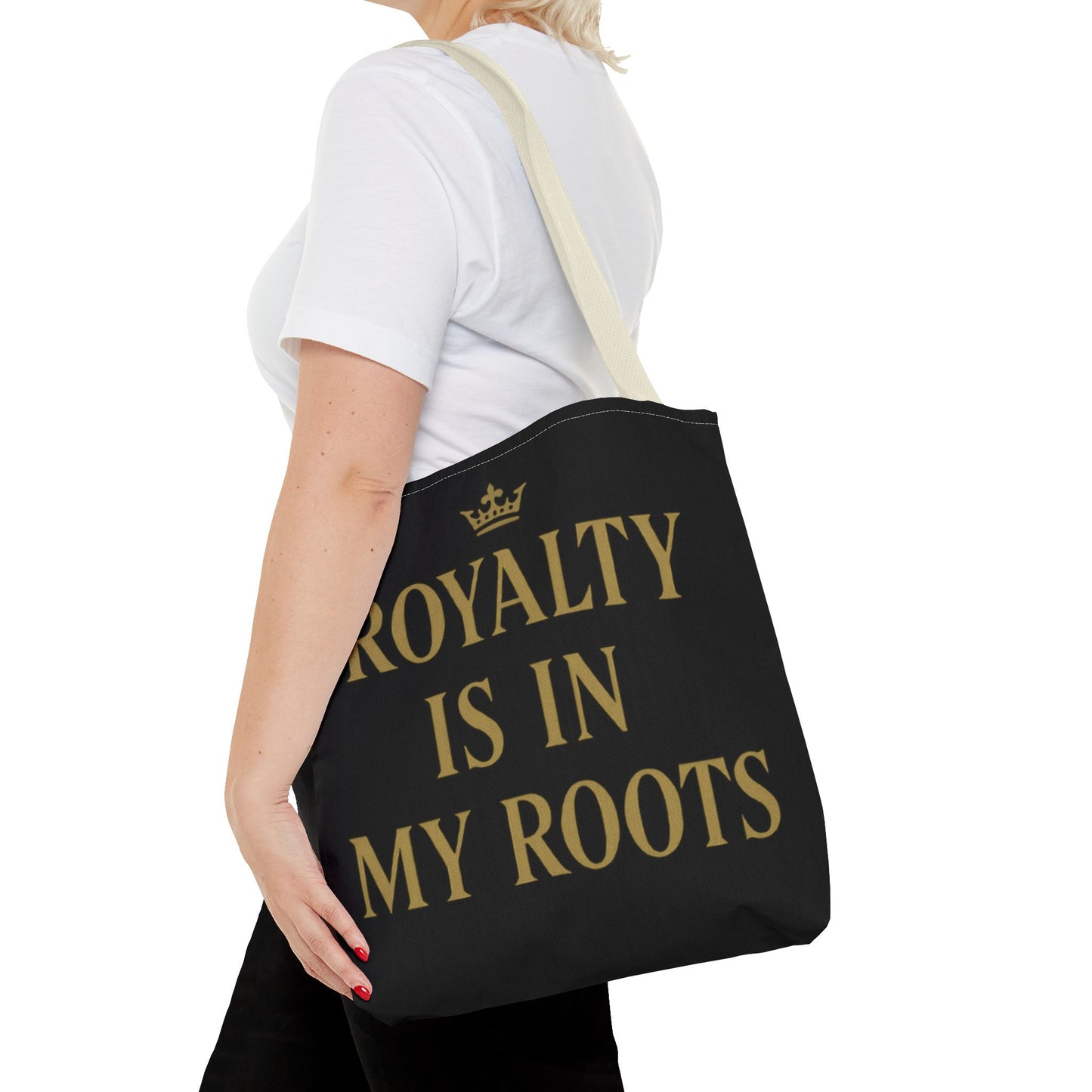 Royalty Is in My Roots Tote Bag - Stylish Eco-Friendly Carryall, Perfect Gift for Her, Black Gold Design, Daily Use, Travel Bag