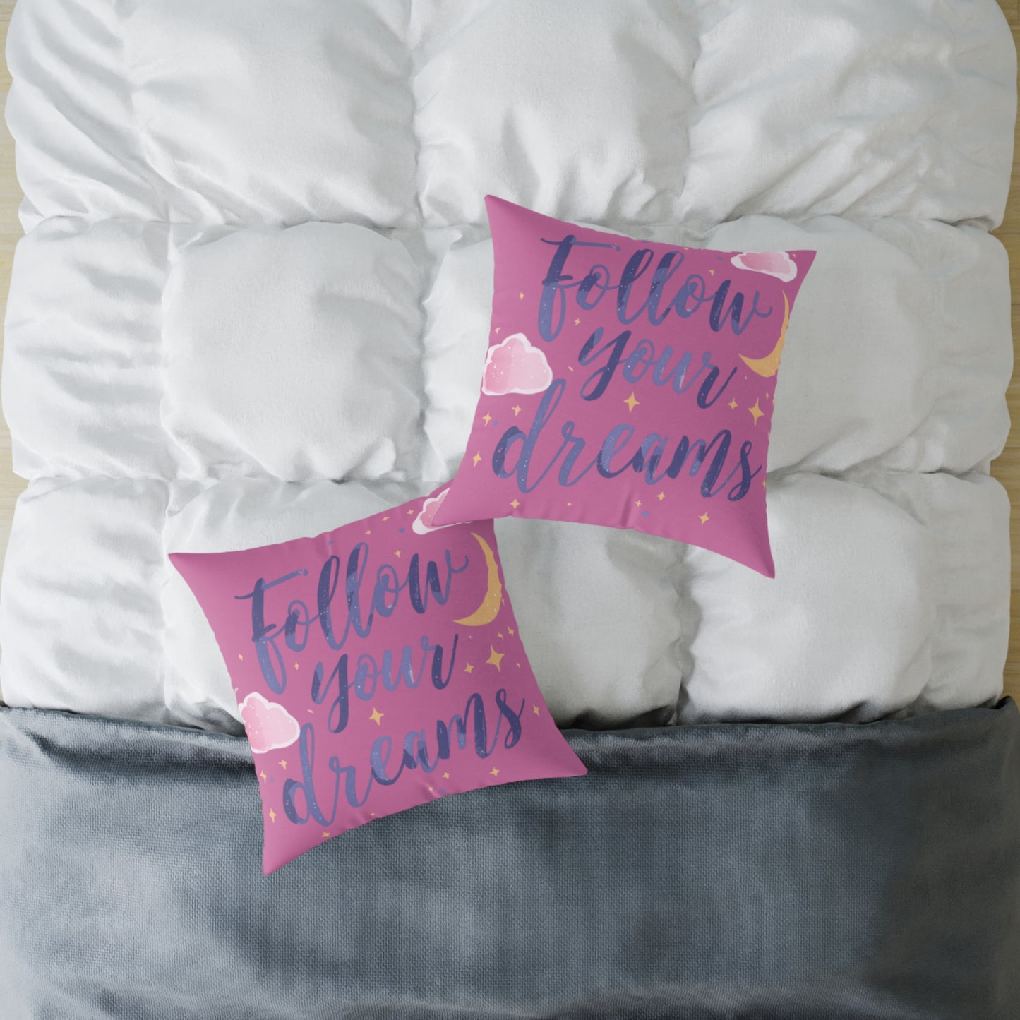 Follow Your Dreams script lettering Square Pillow | pink moon clouds stars