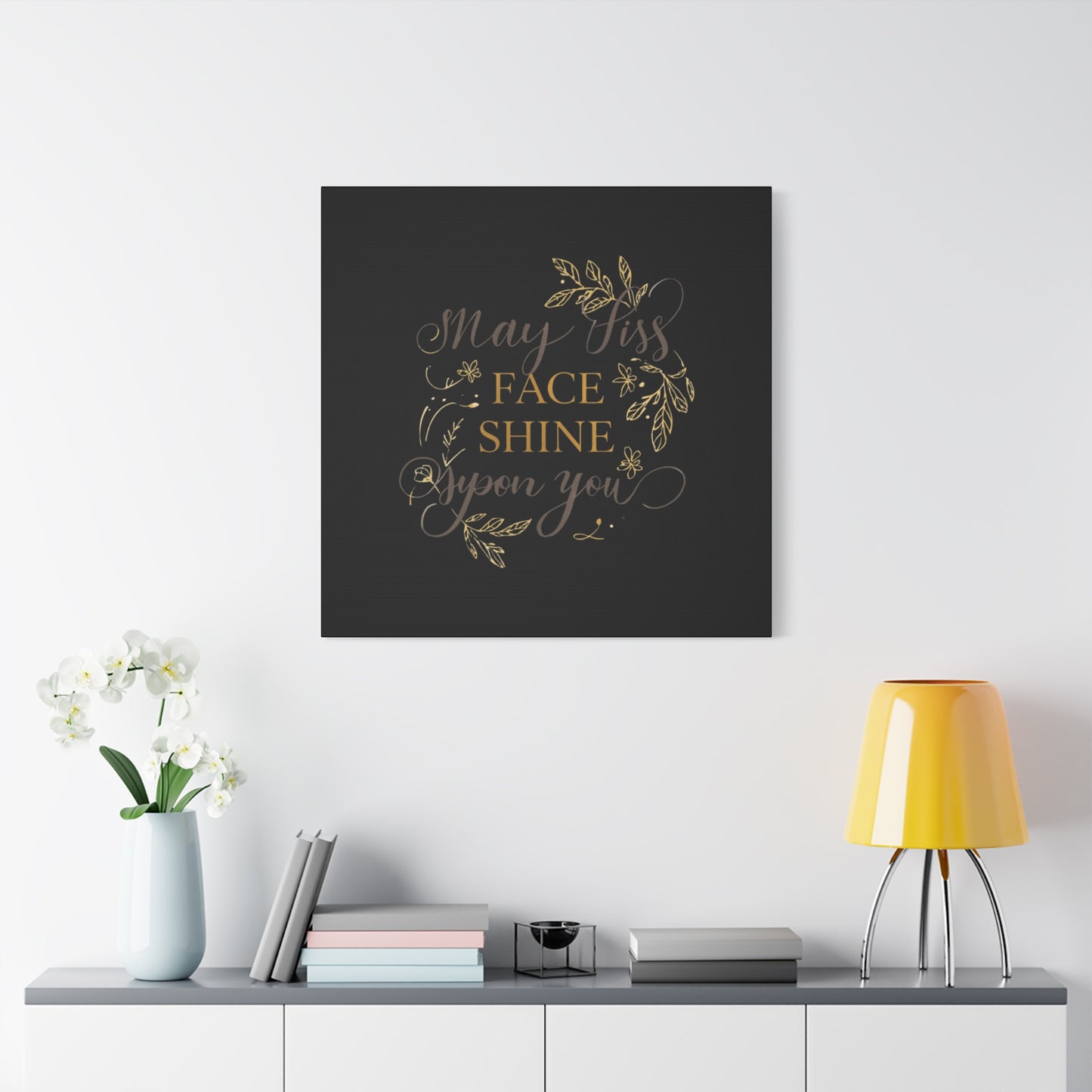 May His Face Shine Upon You Matte Canvas | Stretched Wall Art, Black Gold Botanical