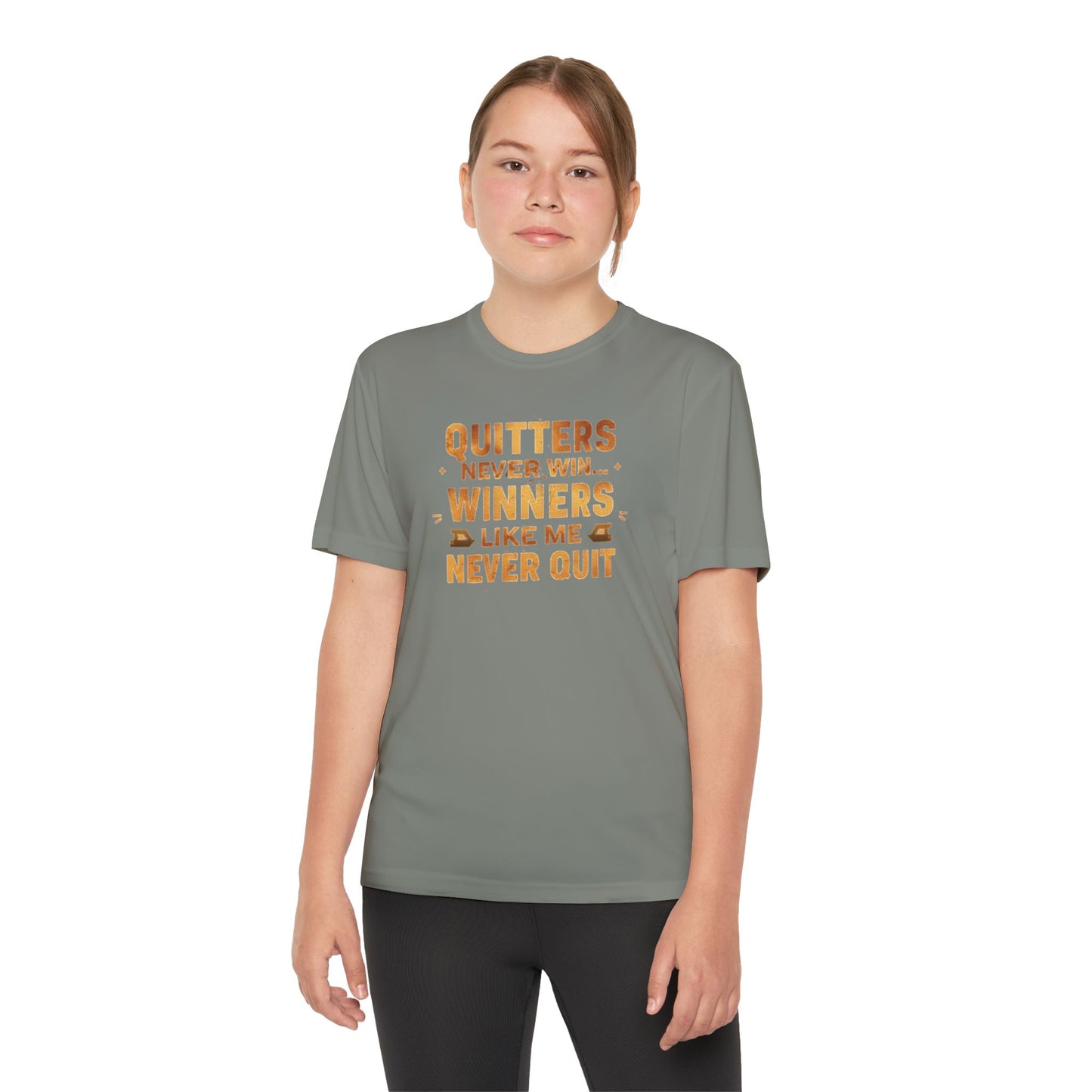 Quitters Never Win Winners Like Me Never Quit T-Shirt | Youth Competition Tee