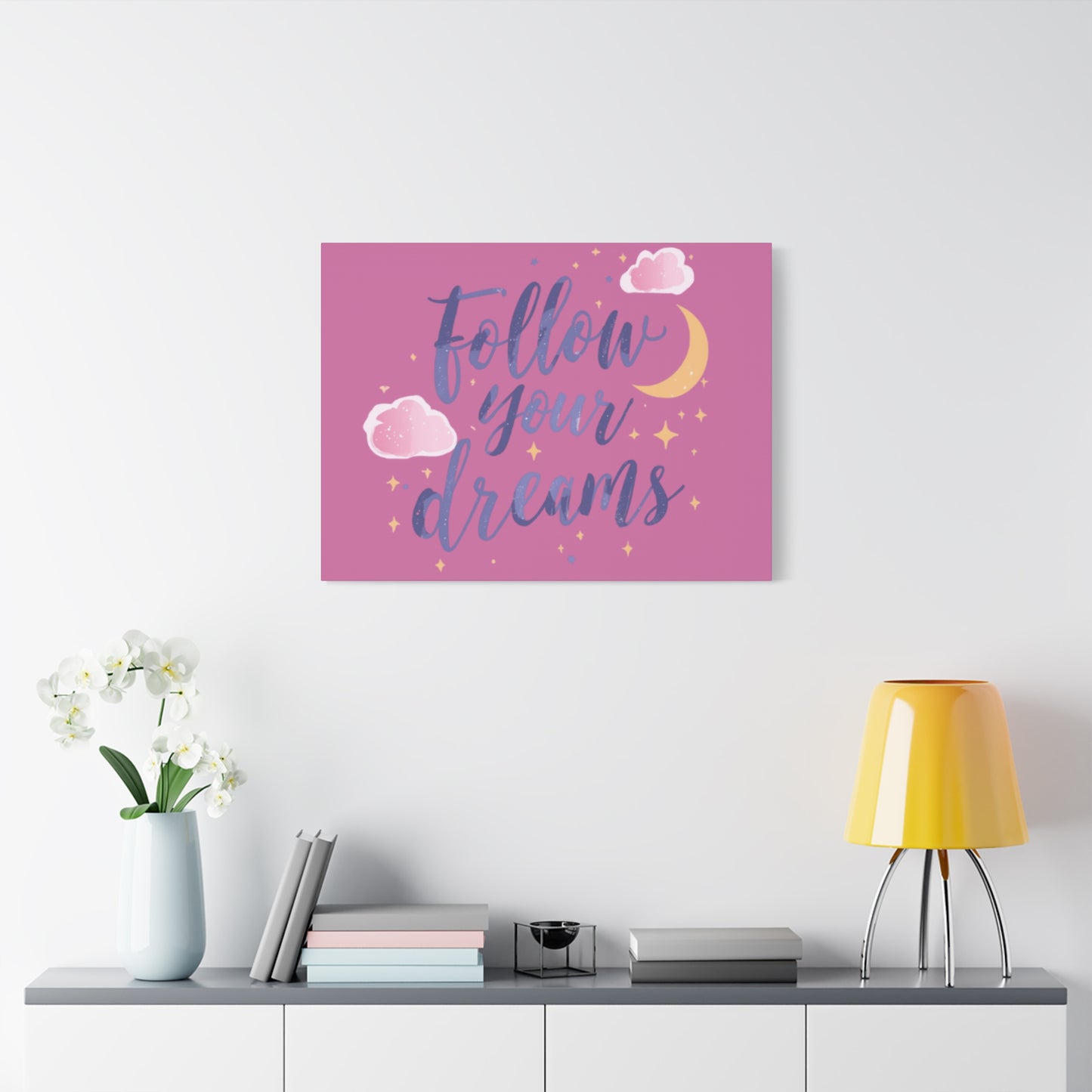 Follow Your Dreams Matte Canvas | Inspirational Wall Art, Pink Moon Clouds