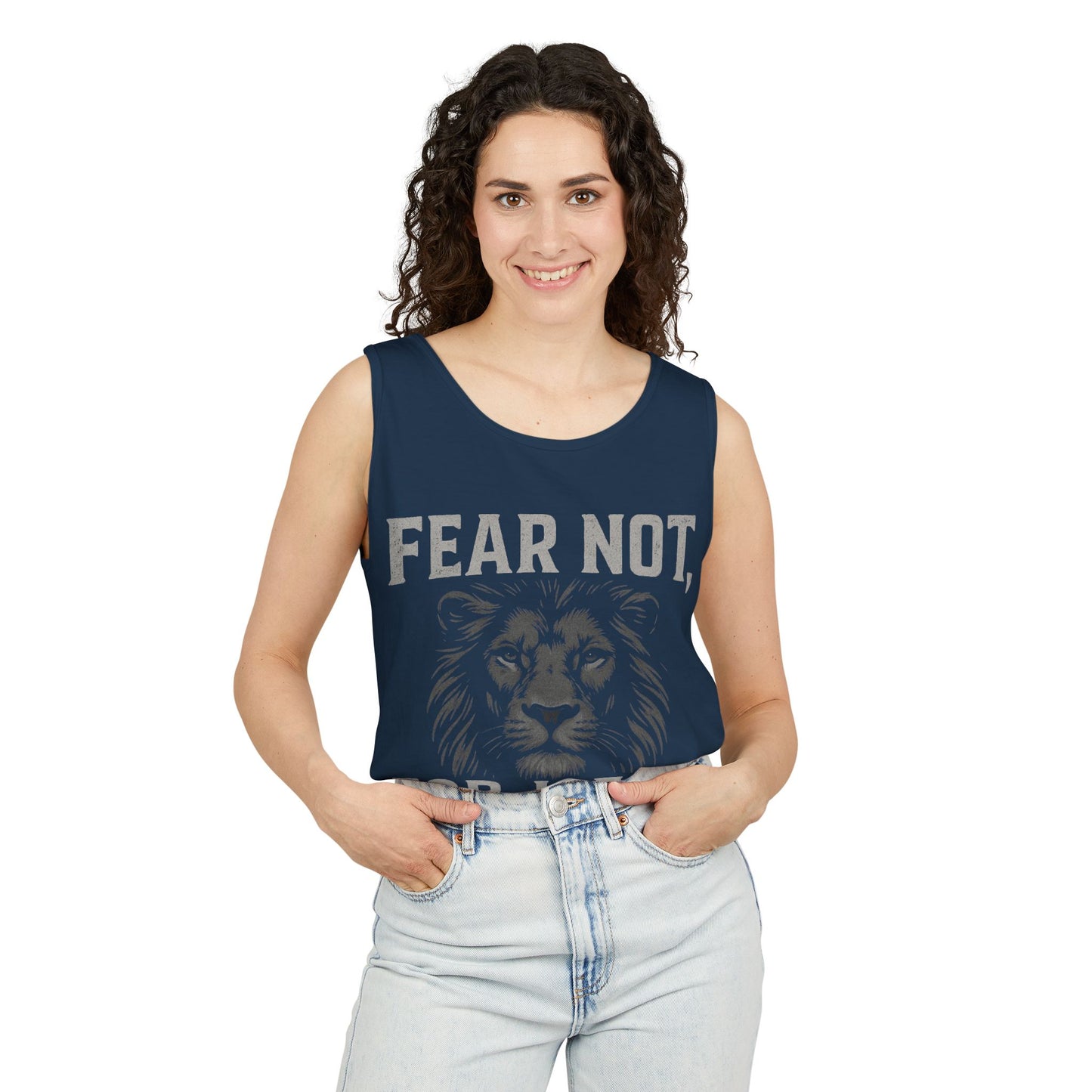 Fear Not Lion Tank Top, Unisex Garment-Dyed Tee, Inspirational Summer Wear, Christian Apparel, Gift for Friends