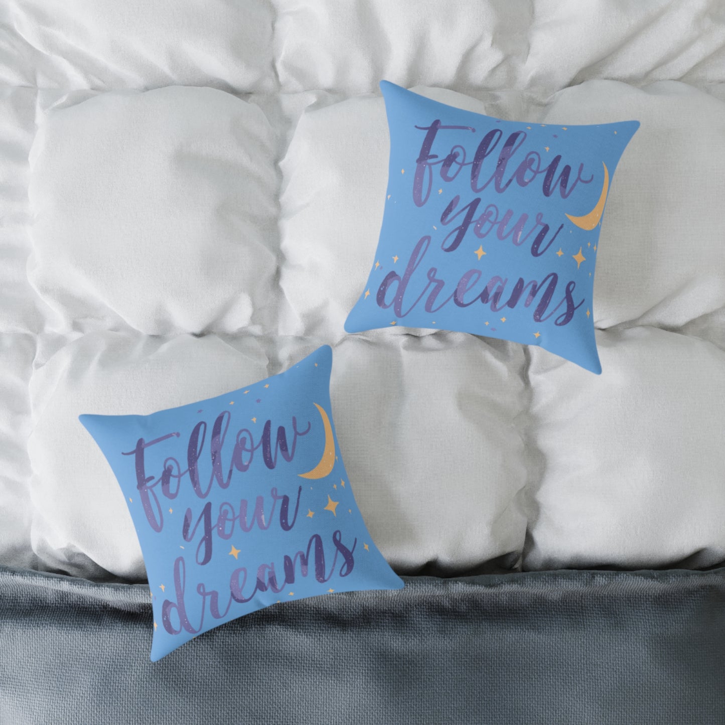 Follow Your Dreams pillow | Square poly canvas pillow, moon stars night design