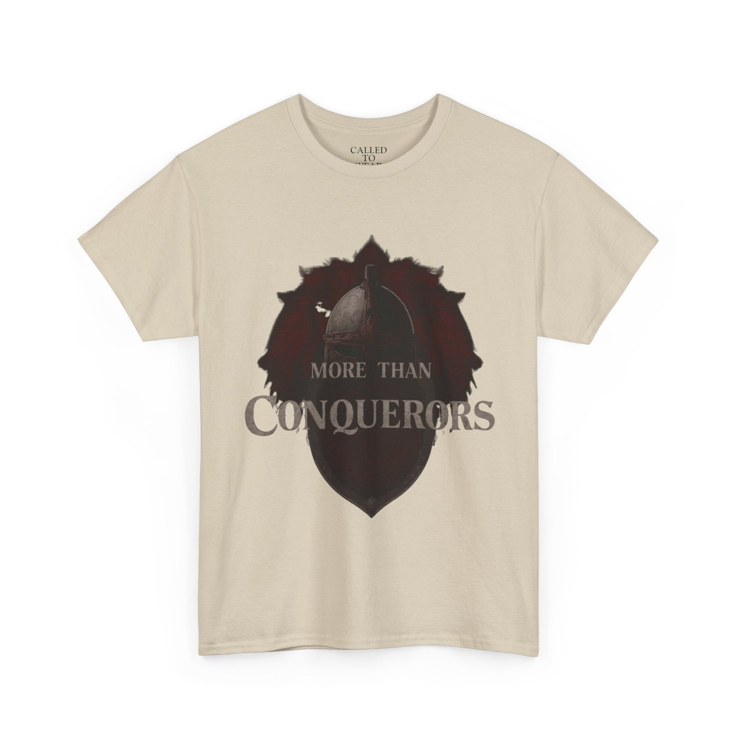 More Than Conquerors Tee | Shield Silhouette Christian faith typography