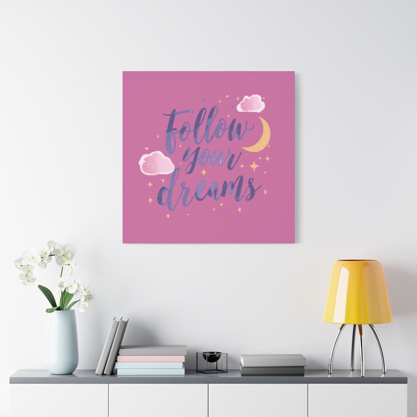 Follow Your Dreams Matte Canvas | Inspirational Wall Art, Pink Moon Clouds