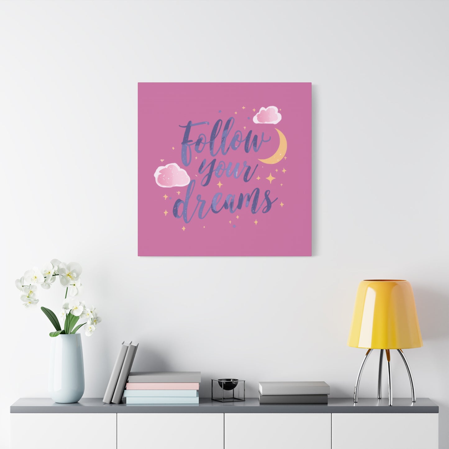 Follow Your Dreams Matte Canvas | Inspirational Wall Art, Pink Moon Clouds