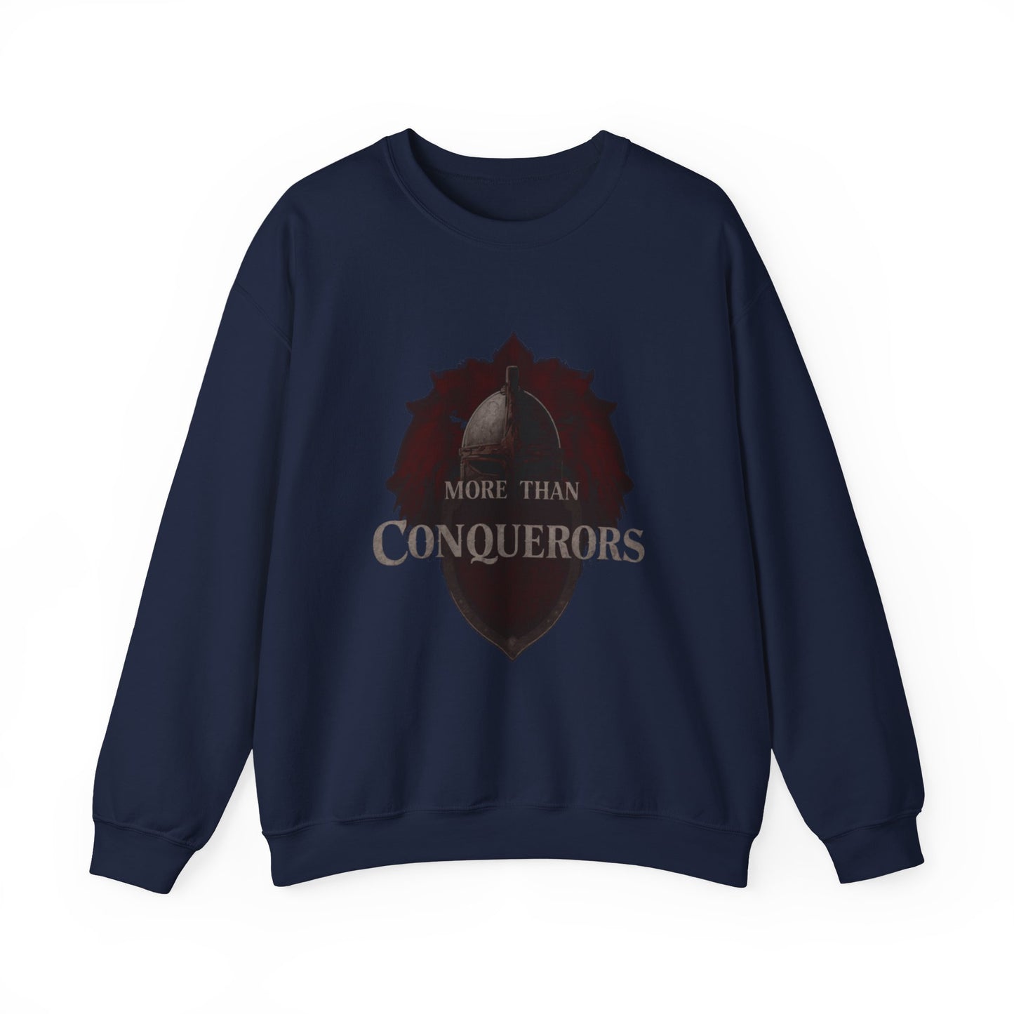 More Than Conquerors Shield Crewneck Sweatshirt | Christian Faith Scripture