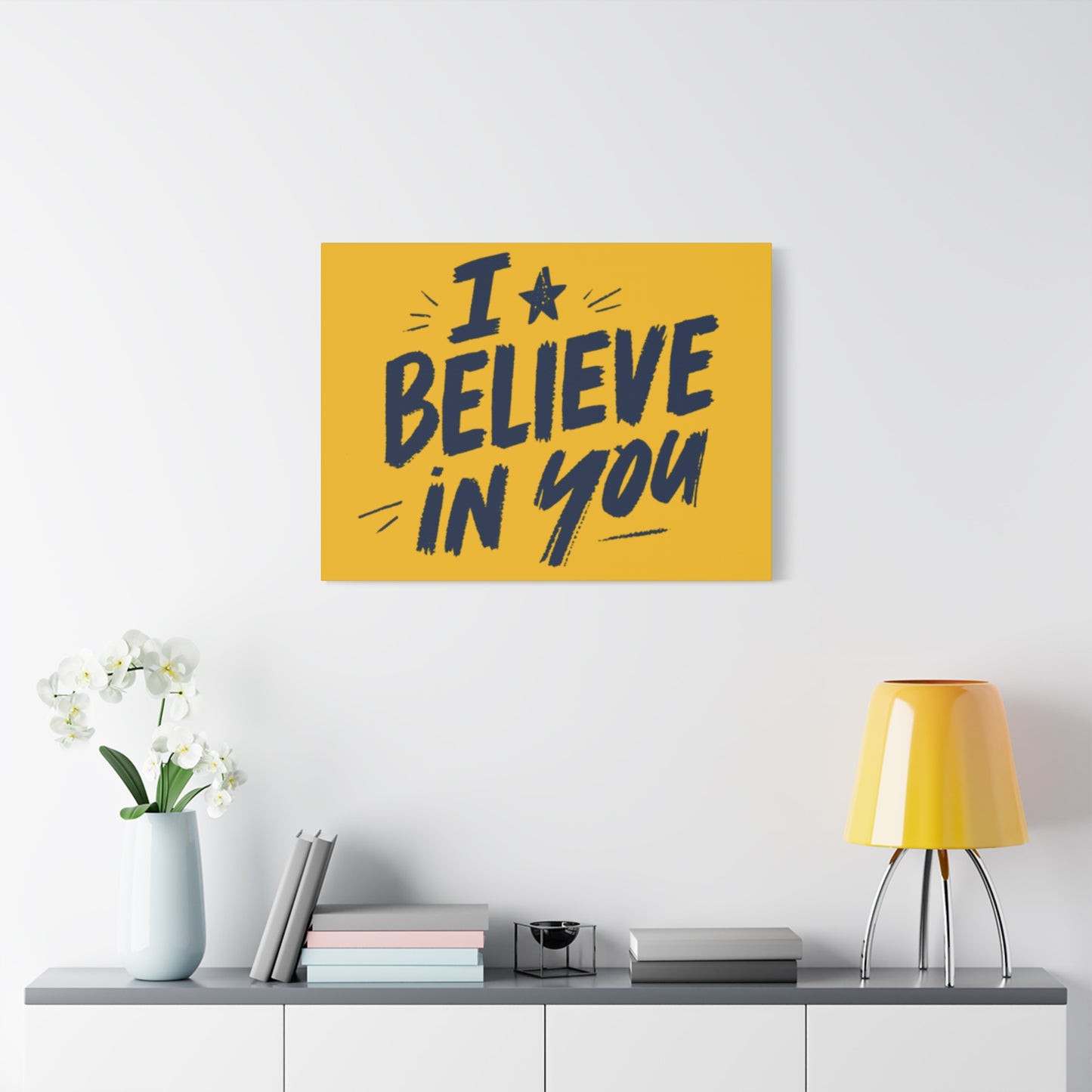 I Believe In You Canvas | Matte Stretched Wall Art, Navy Brush Lettering on Gold