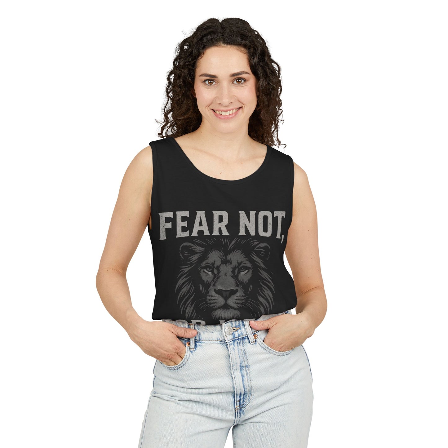 Fear Not Lion Tank Top, Unisex Garment-Dyed Tee, Inspirational Summer Wear, Christian Apparel, Gift for Friends