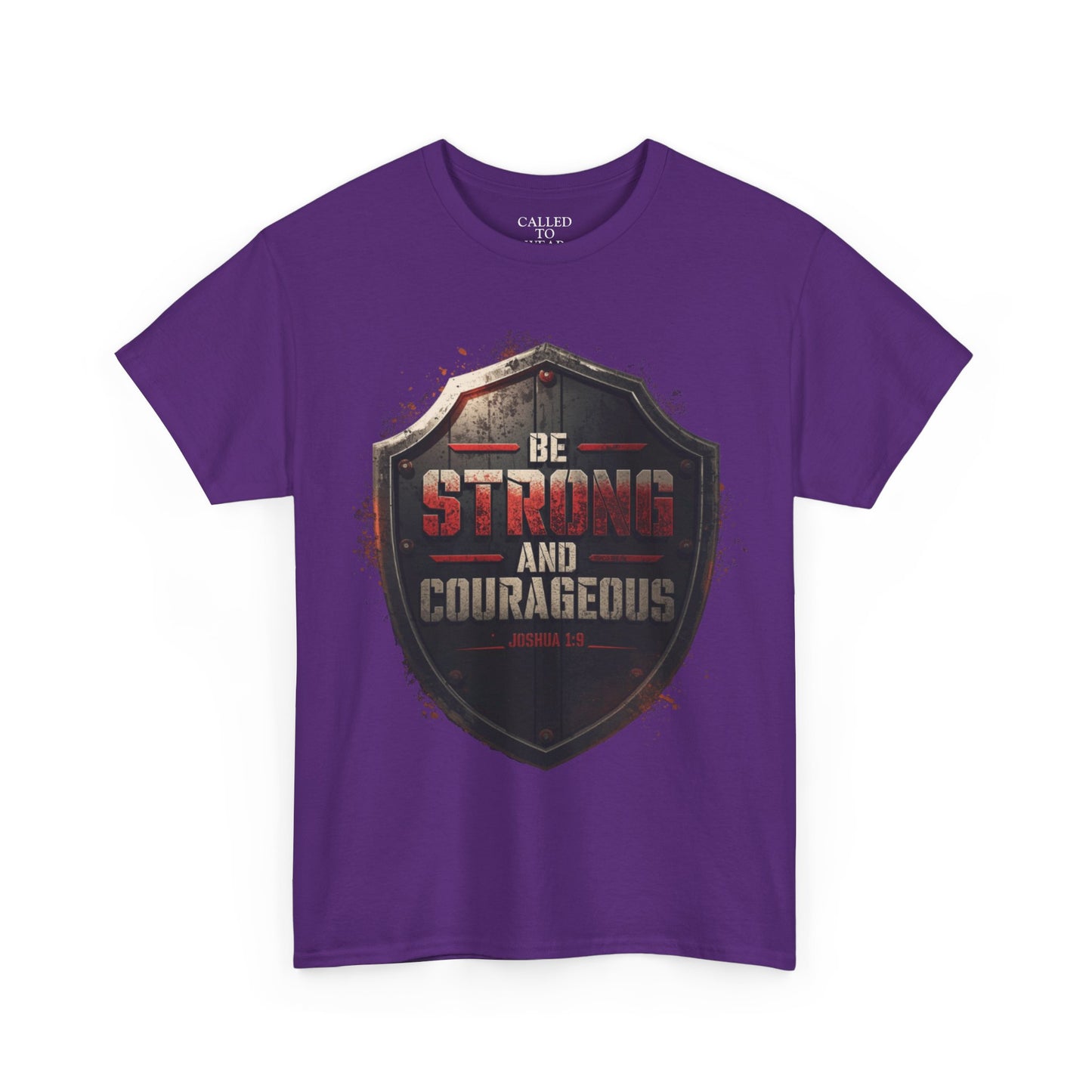Be Strong and Courageous Shield Tee | Distressed Steel Badge Shirt