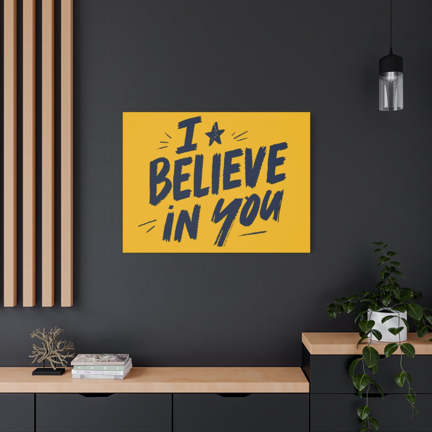 I Believe In You Canvas | Matte Stretched Wall Art, Navy Brush Lettering on Gold