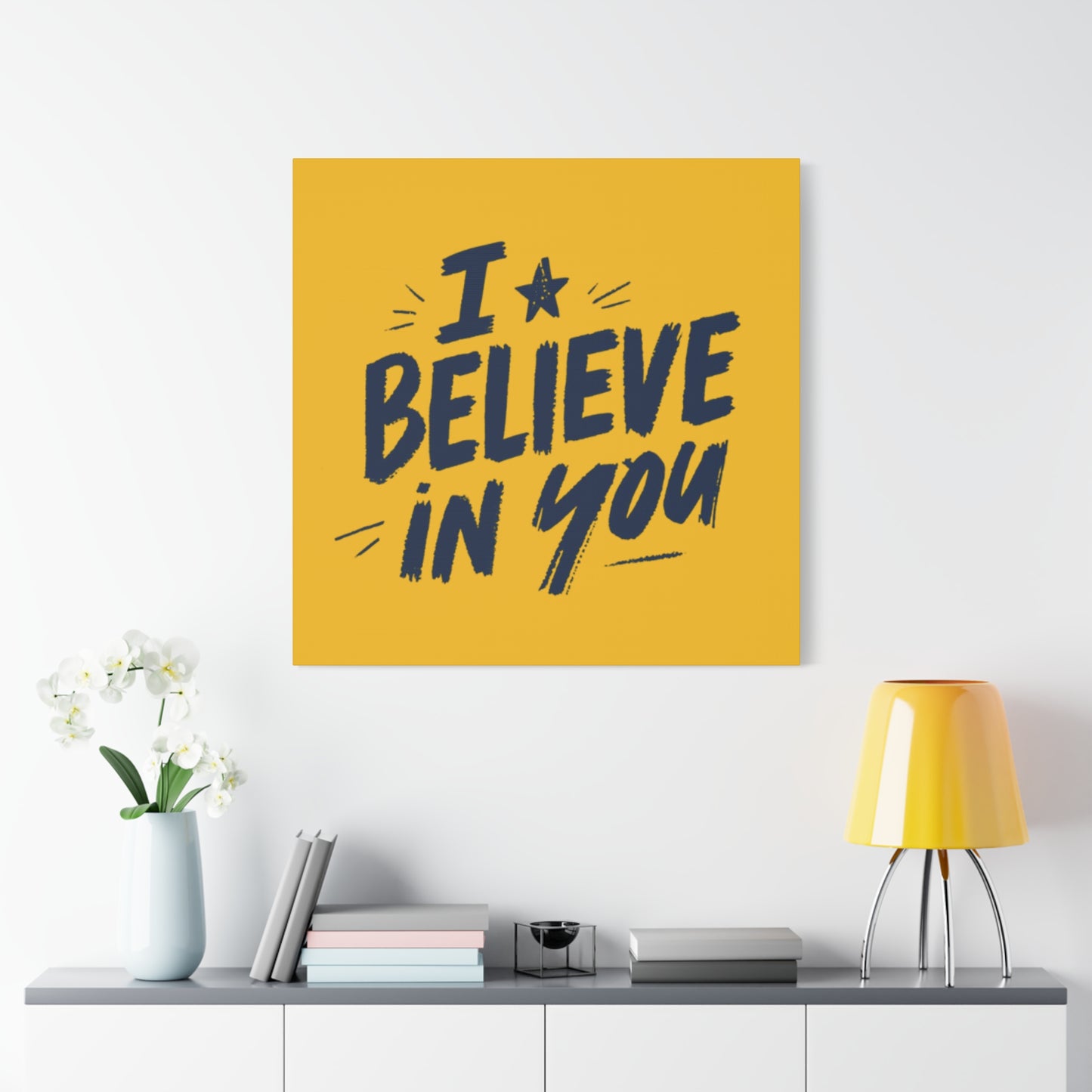 I Believe In You Canvas | Matte Stretched Wall Art, Navy Brush Lettering on Gold